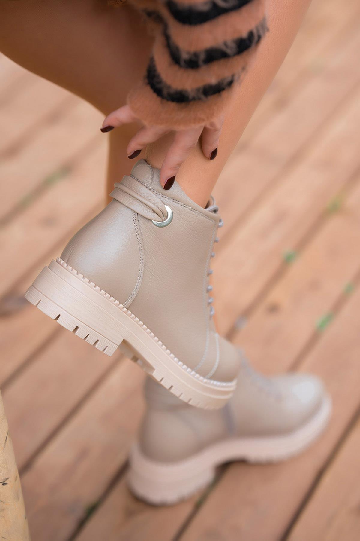 Drop Fermuarlı Kadın Hakiki Deri Bot Vizon