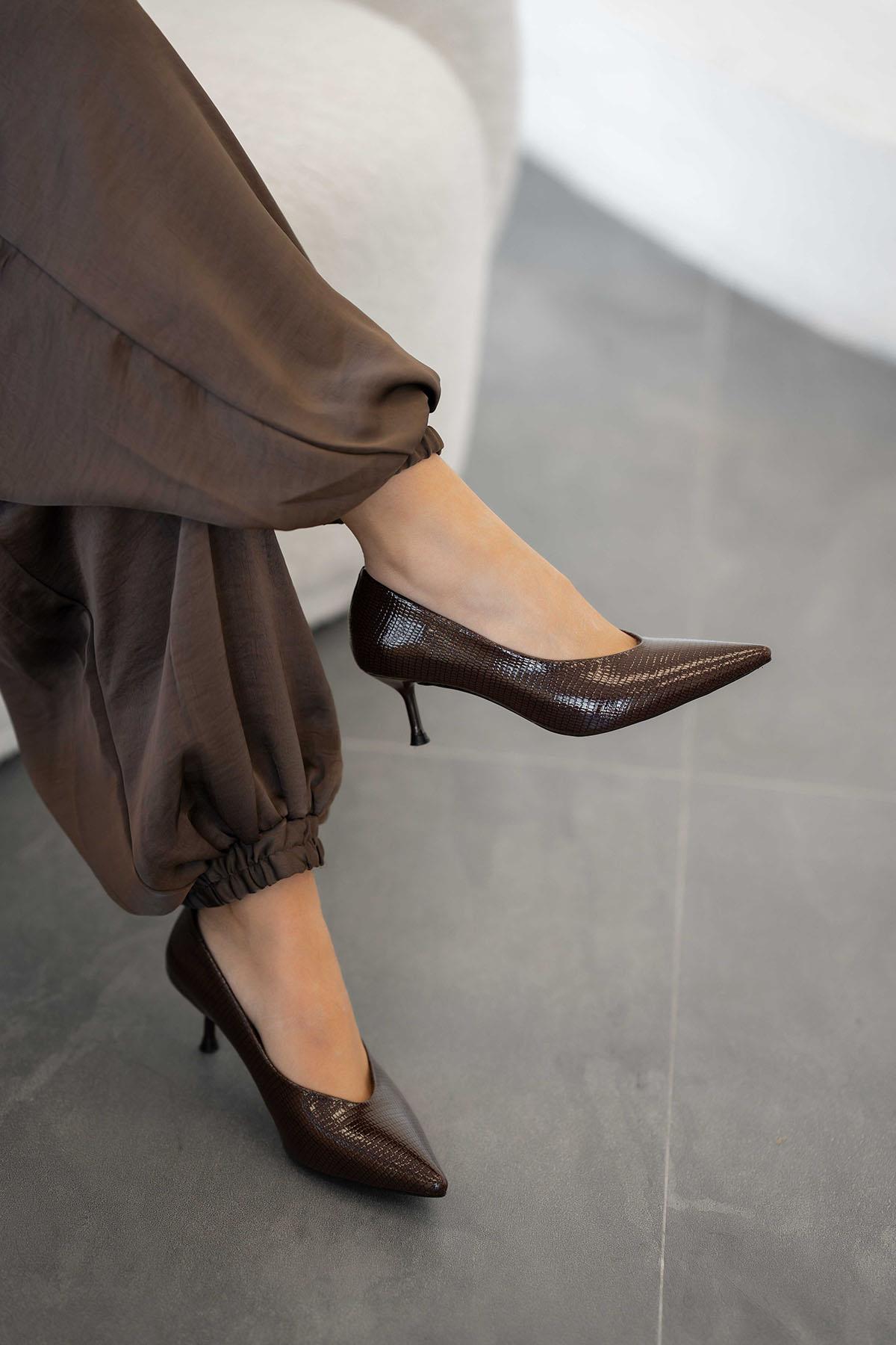 Faye Kadın Topuklu Desenli Deri Stiletto Kahverengi