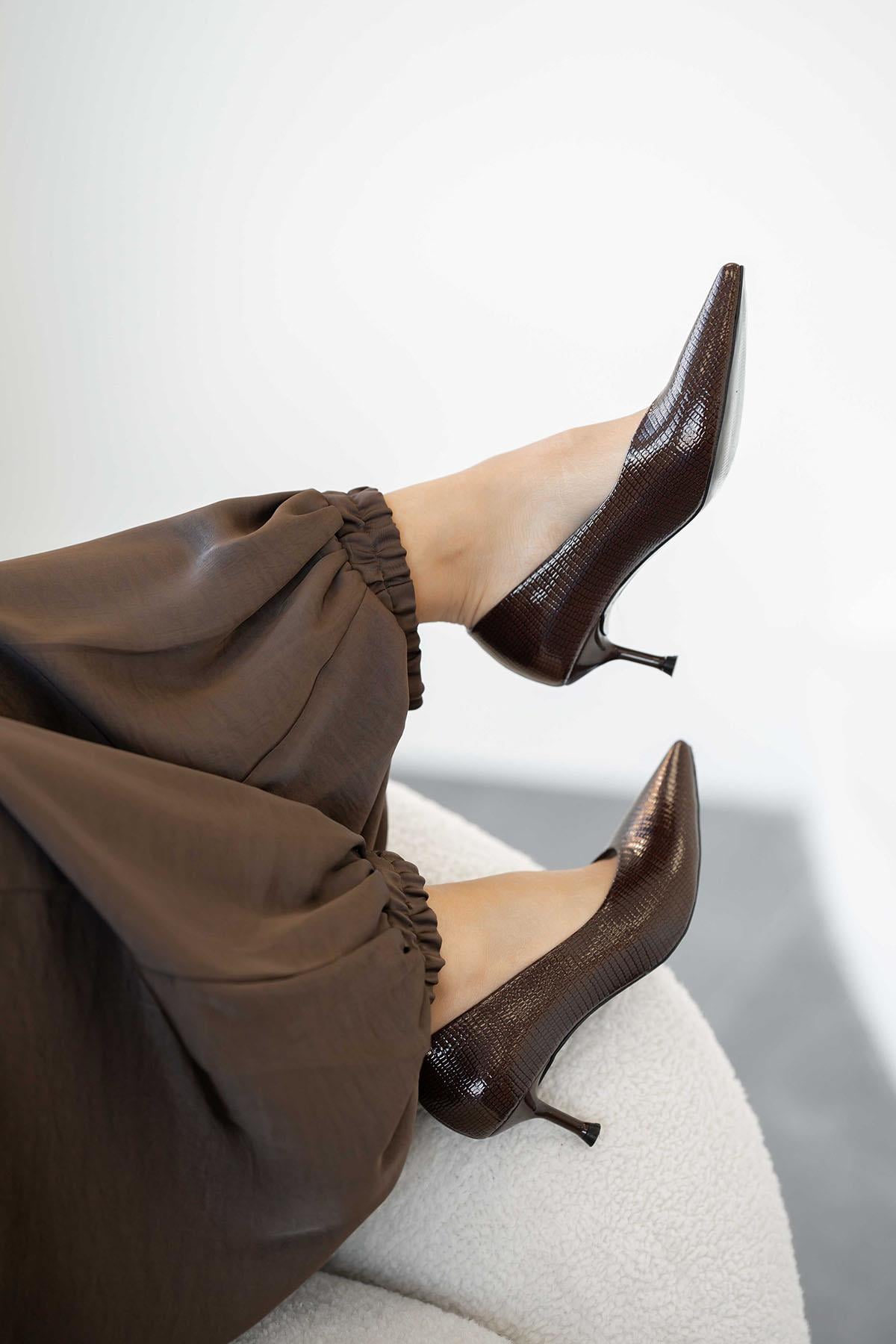 Faye Kadın Topuklu Desenli Deri Stiletto Kahverengi