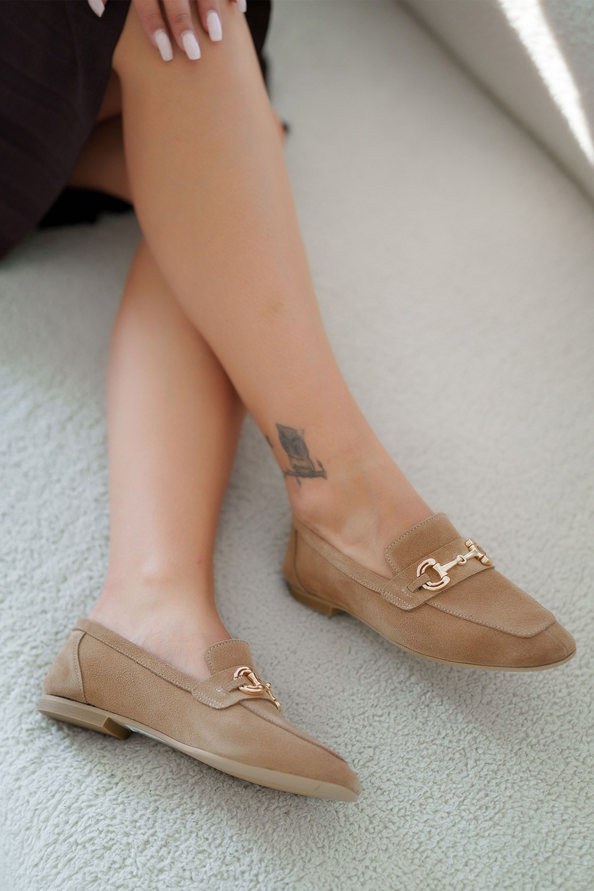 Harper Kadın Tokalı Hakiki Süet Loafer Ayakkabı Camel