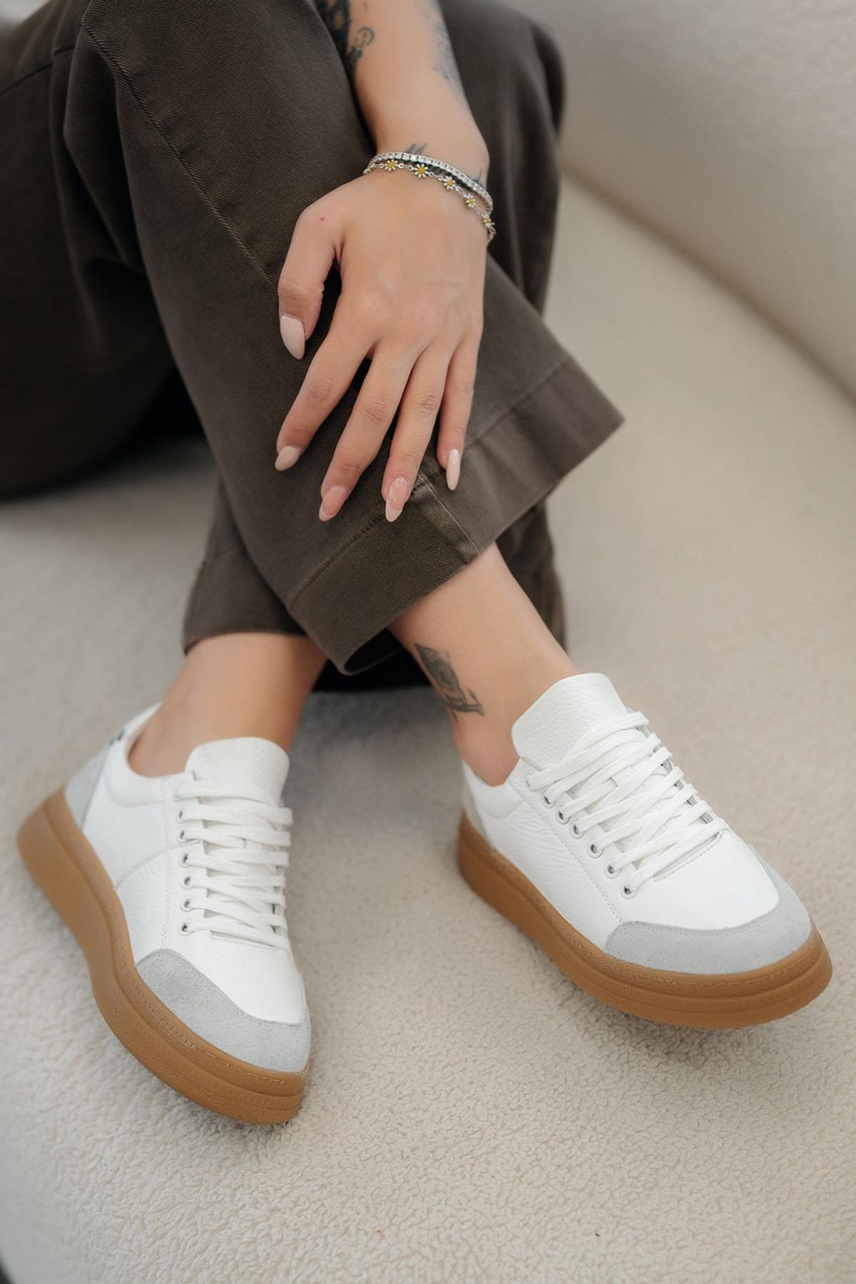 Monar Kadın Bağcıklı Hakiki Deri Sneakers Beyaz