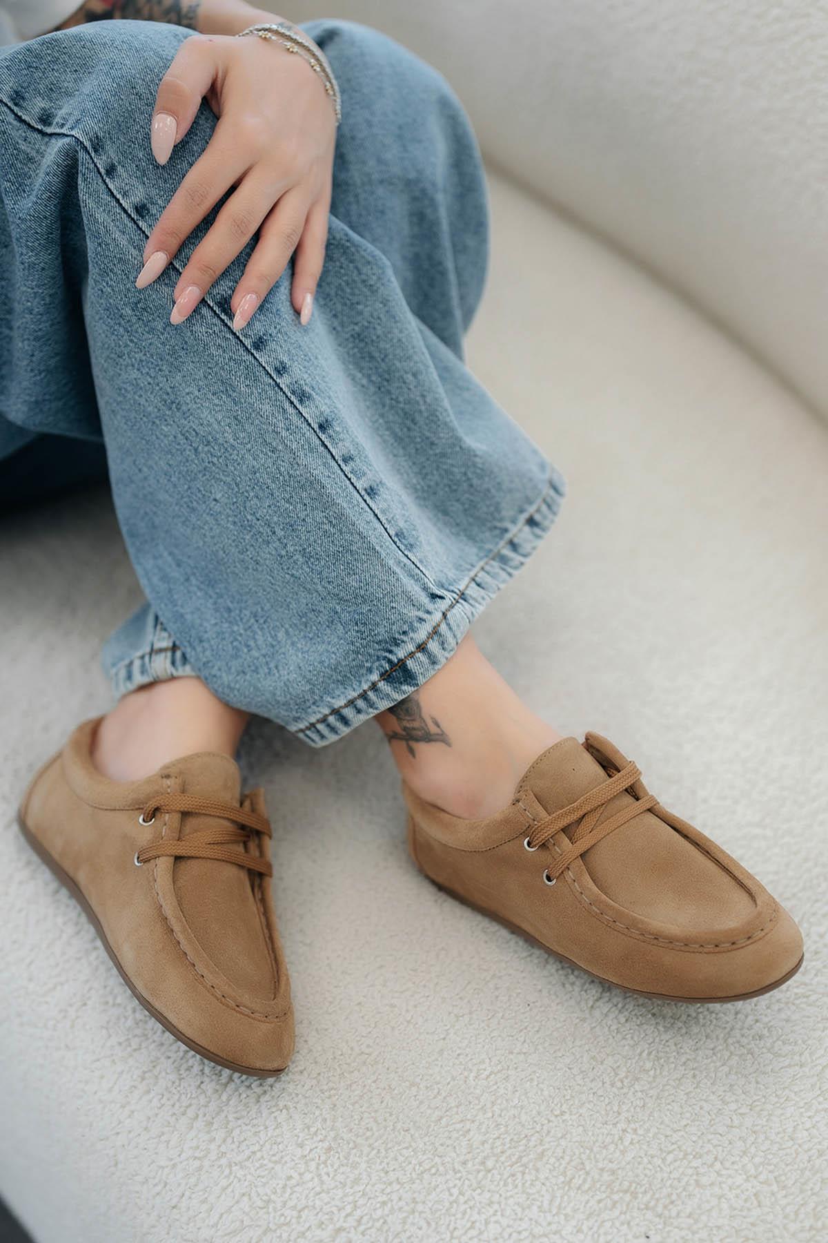 Suzzy Kadın Hakiki Süet Deri Loafer Ayakkabı Camel