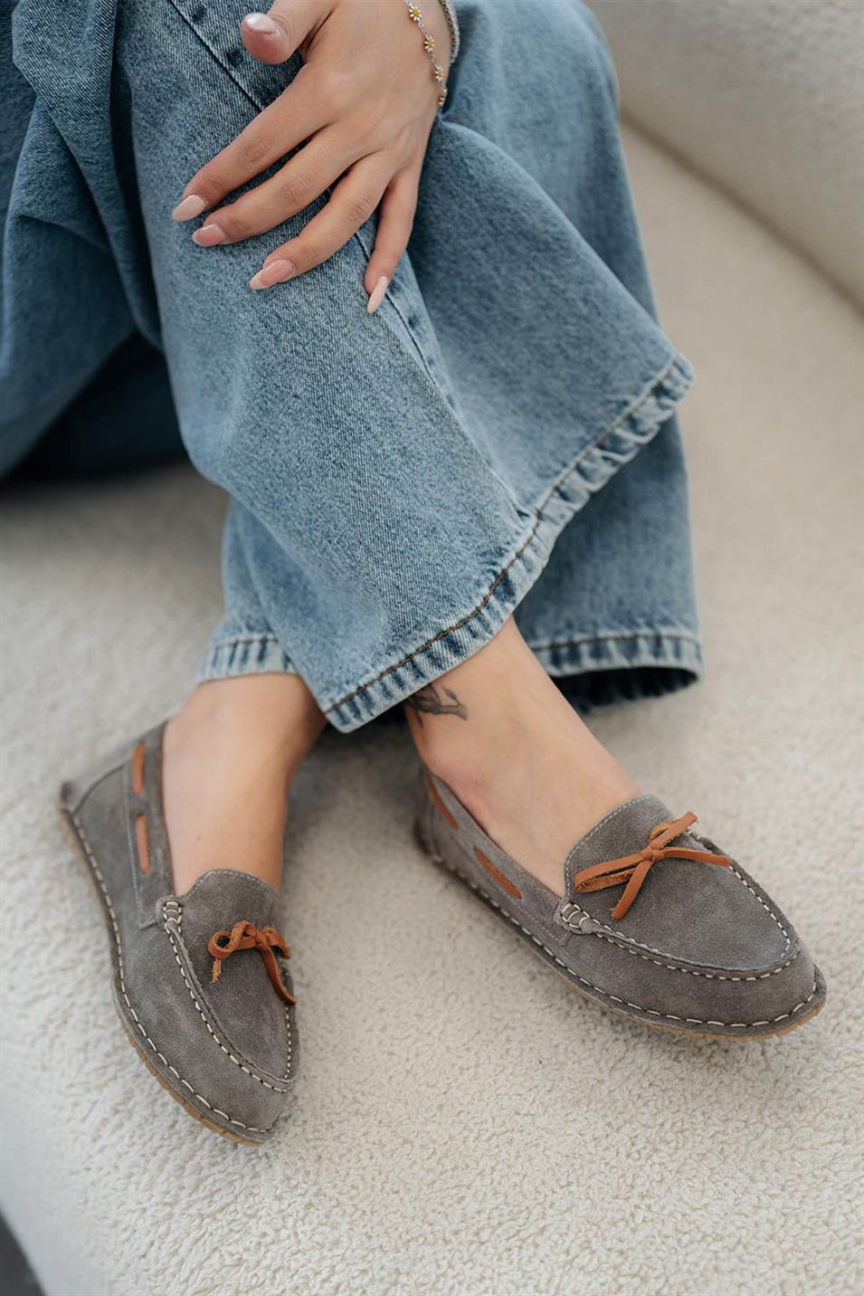 Alfa Kadın Hakiki Süet Loafer Ayakkabı Taş