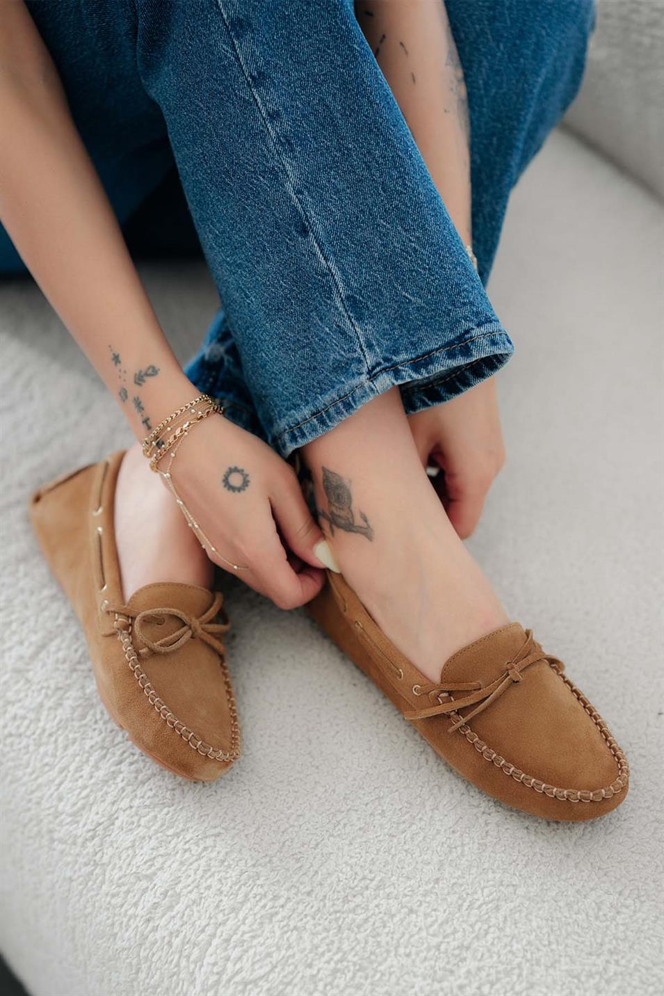 Alisa Kadın Hakiki Süet Deri Loafer Ayakkabı Camel