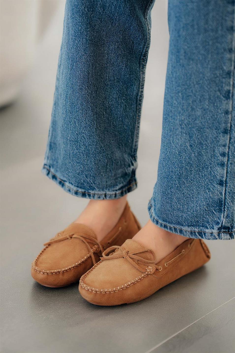 Alisa Kadın Hakiki Süet Deri Loafer Ayakkabı Camel
