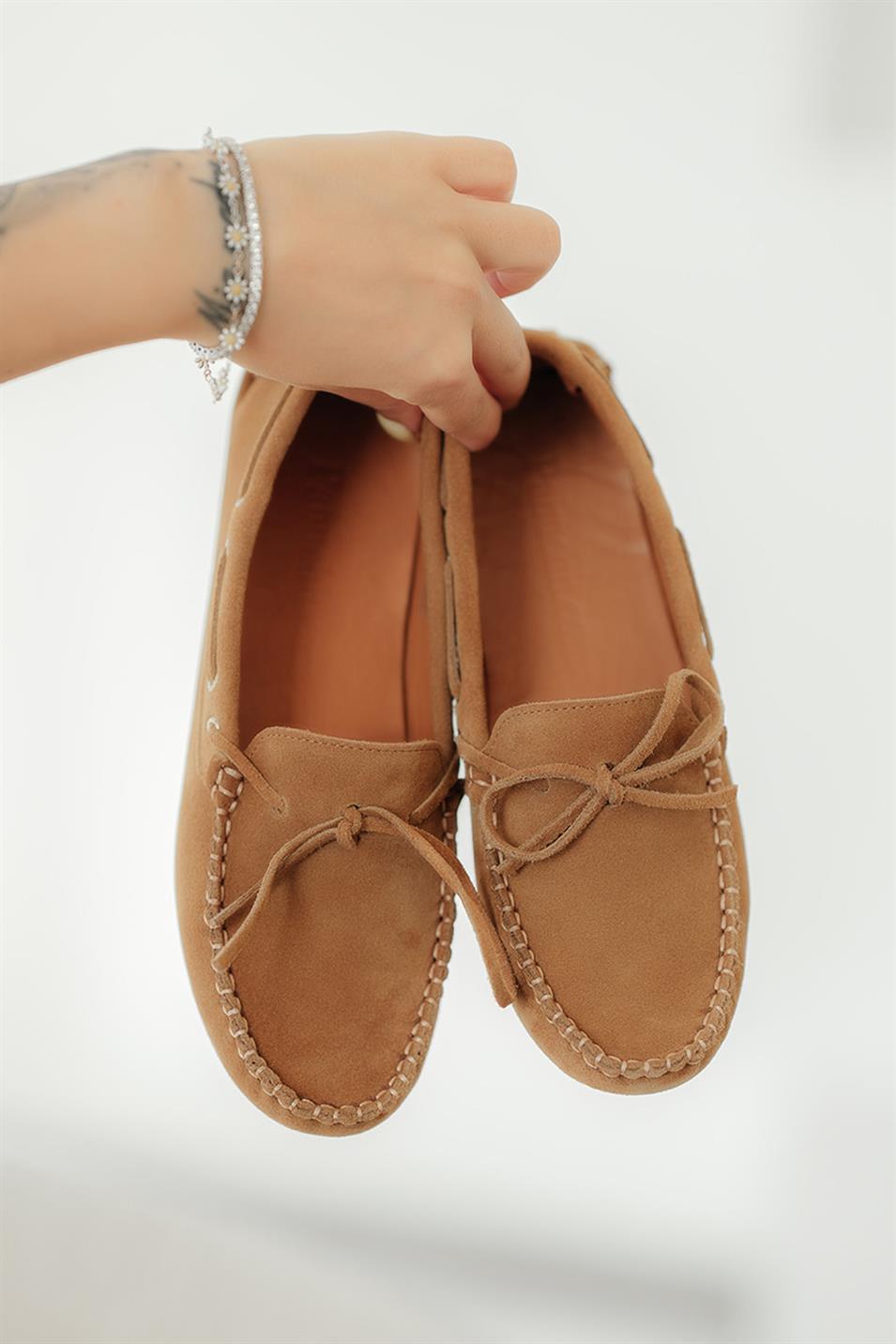 Alisa Kadın Hakiki Süet Deri Loafer Ayakkabı Camel