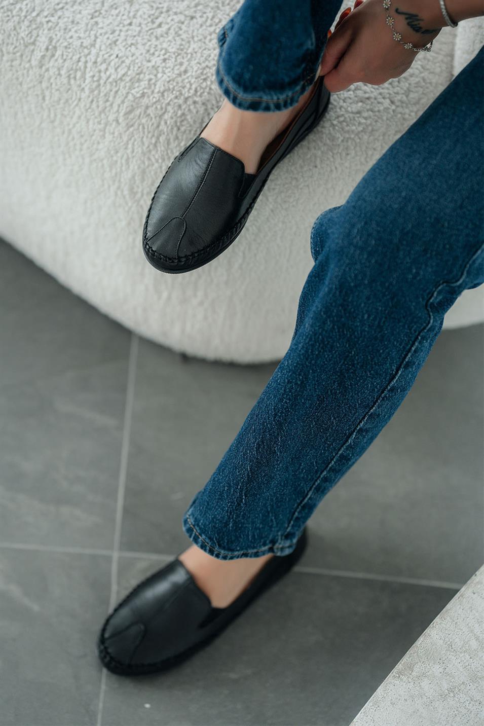 Anes Kadın Hakiki Deri Ortopedik Loafer Ayakkabı Siyah