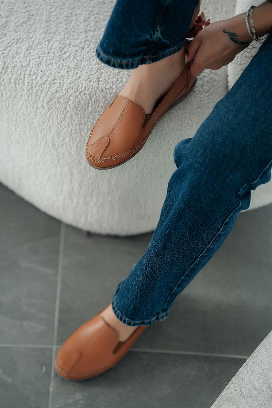 Anes Kadın Hakiki Deri Ortopedik Loafer Ayakkabı Taba
