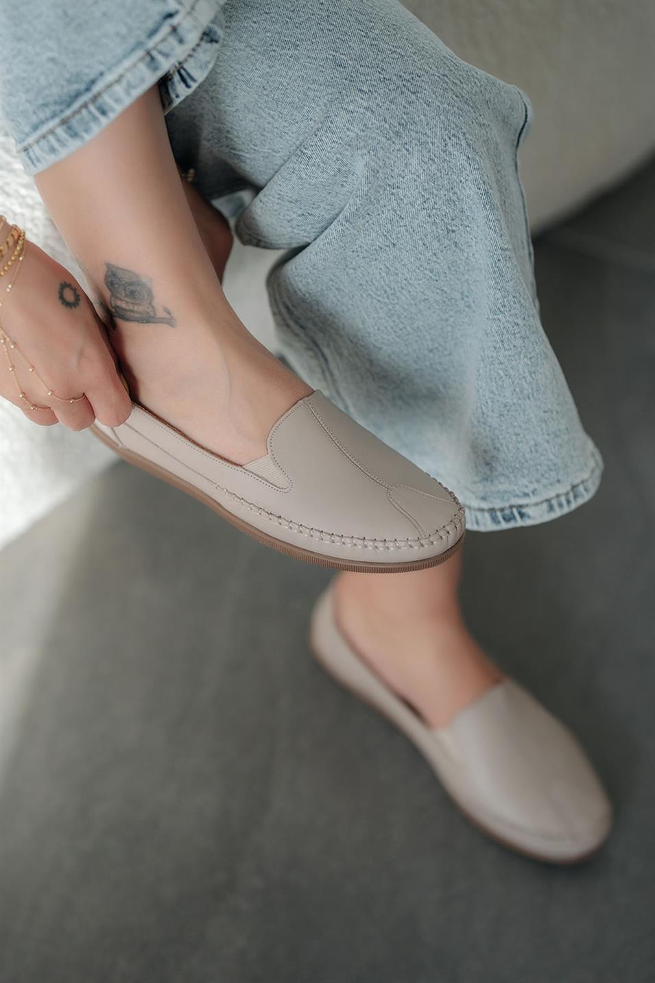 Anes Kadın Hakiki Deri Ortopedik Loafer Ayakkabı Silver