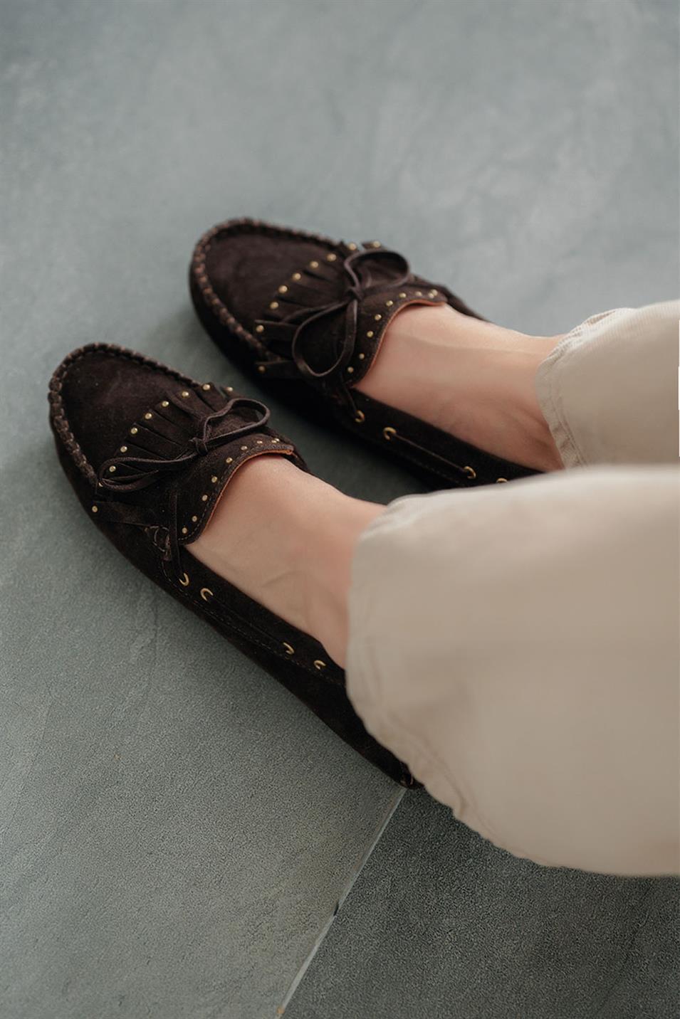 Artux Kadın Zımbalı Hakiki Süet Loafer Ayakkabı Kahve
