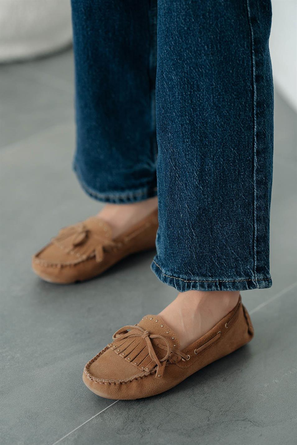 Artux Kadın Zımbalı Hakiki Süet Loafer Ayakkabı Taba