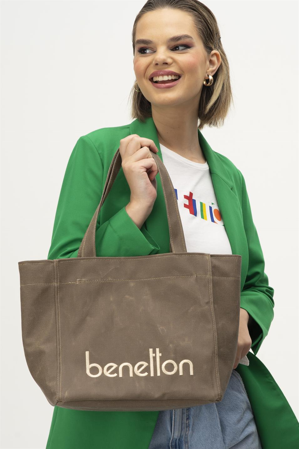 Benetton 1163 Kadın Keten Kol Çantası Kahve