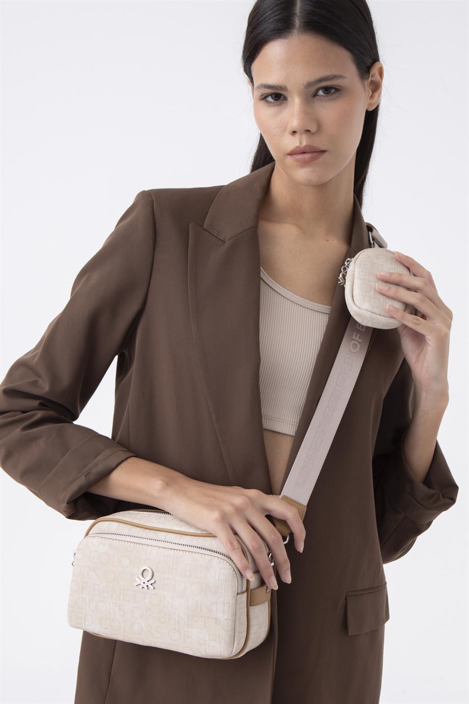 Benetton 1292 Kadın Deri Çapraz Çanta Bej Camel