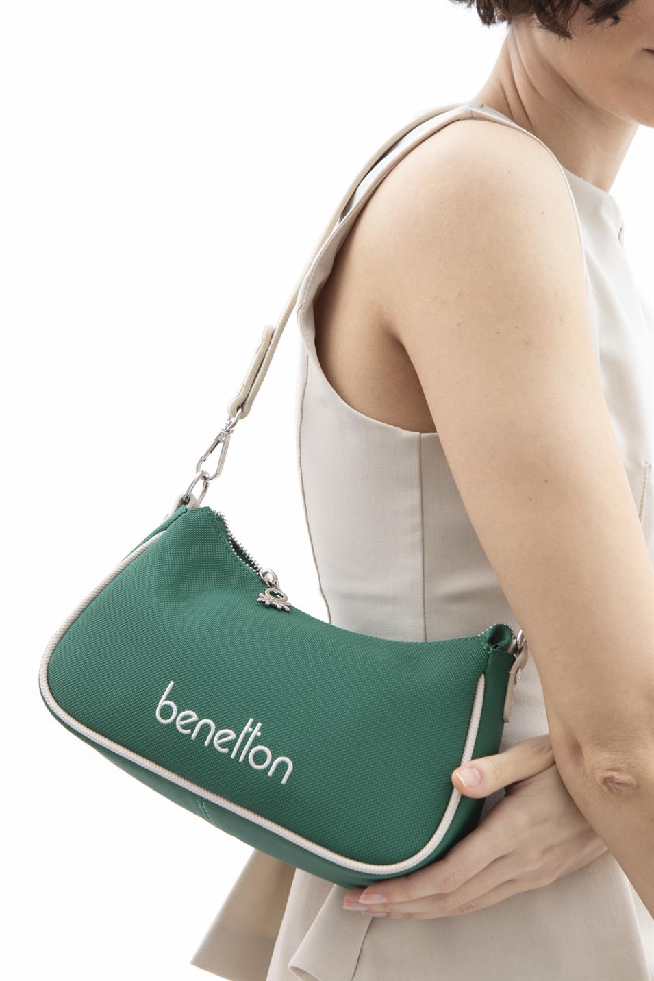 Benetton 1600 Kadın Deri Çapraz Çanta Zümrüt Bej