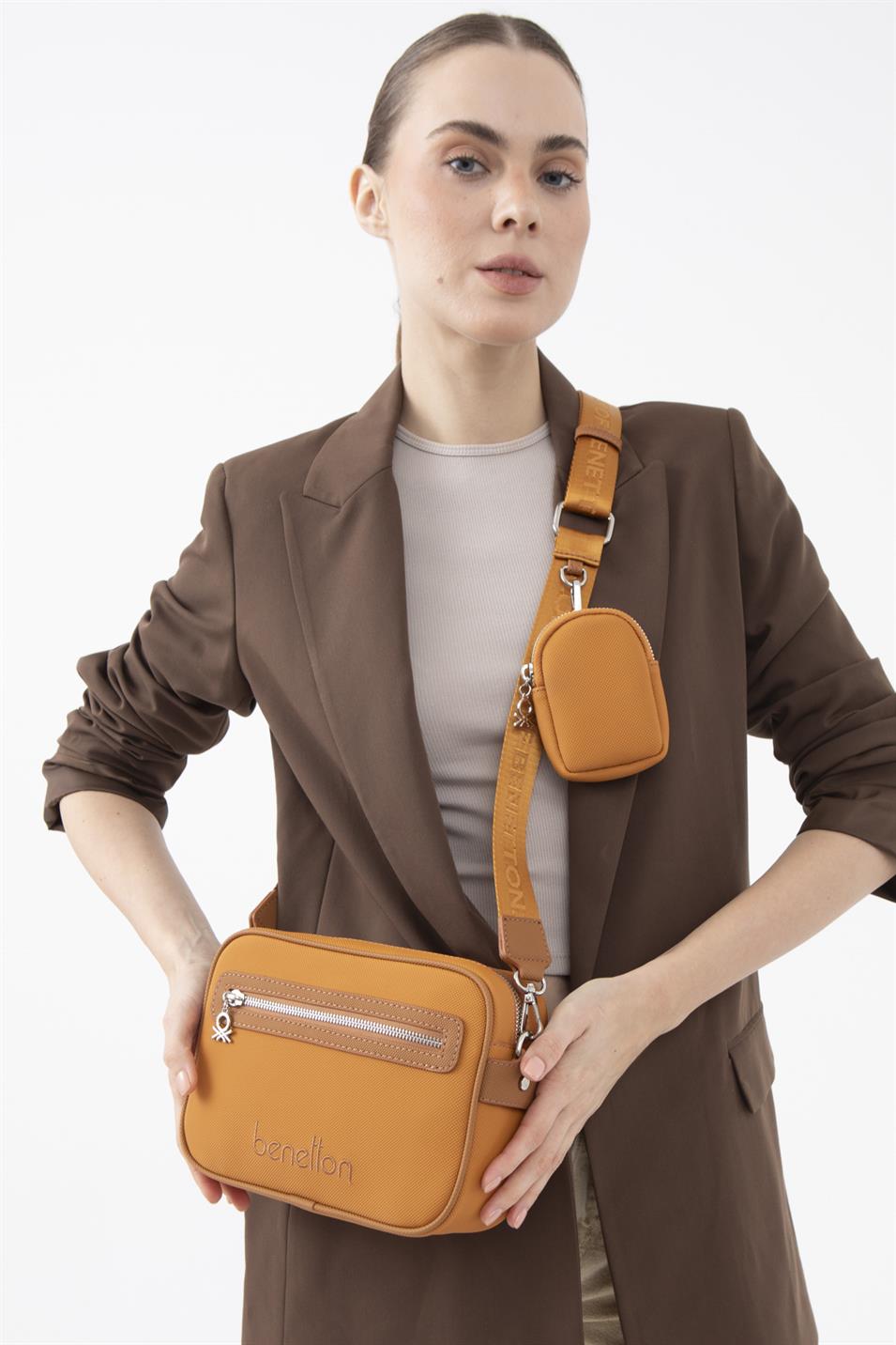 Benetton 1603 Kadın Deri Çapraz Çanta Hardal Camel