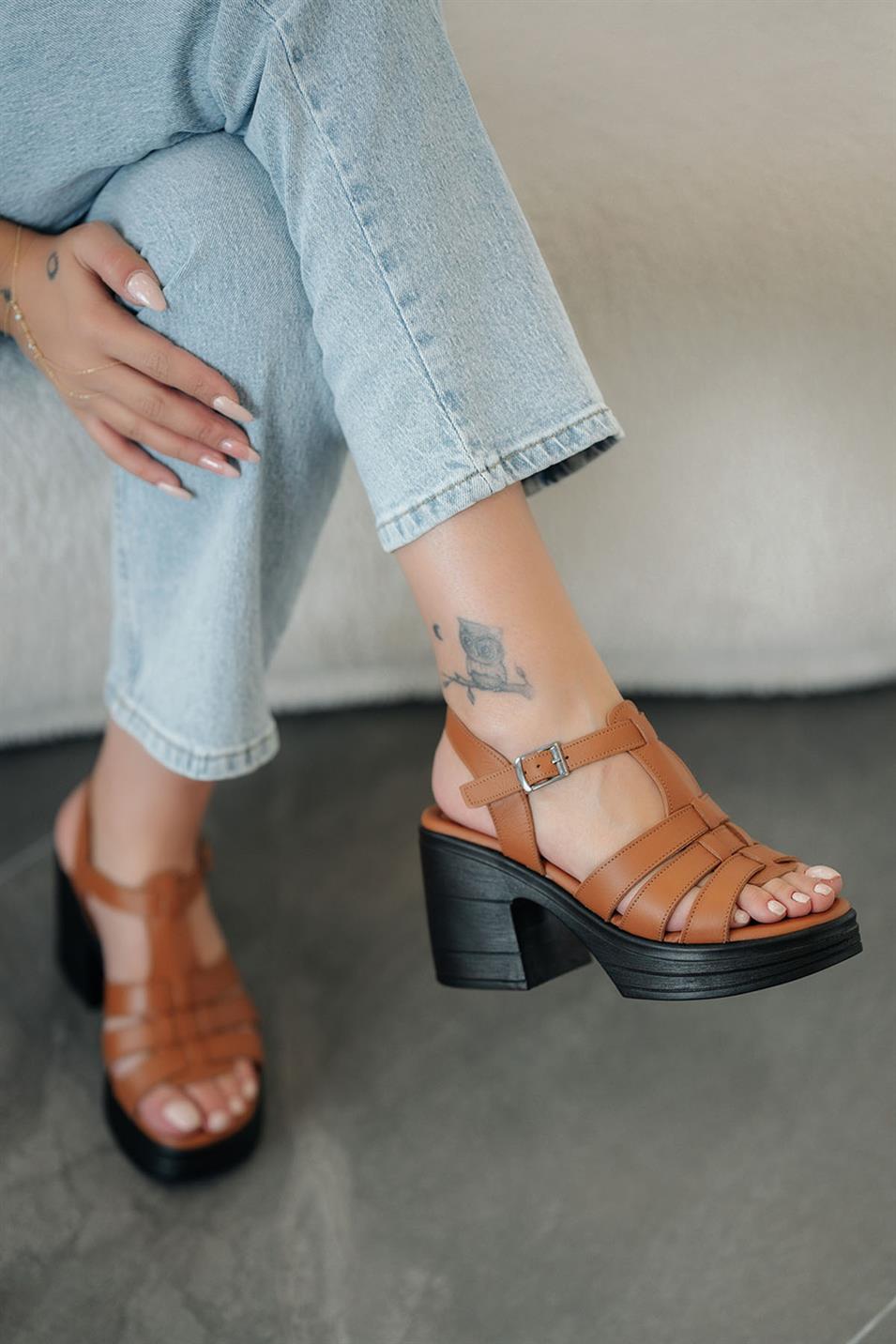 Colombo Hakiki Deri Platform Topuklu Sandalet Taba