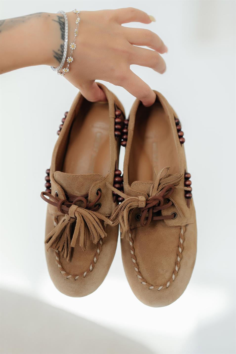 Gijon Kadın Püsküllü Hakiki Süet Deri Loafer Ayakkabı Camel