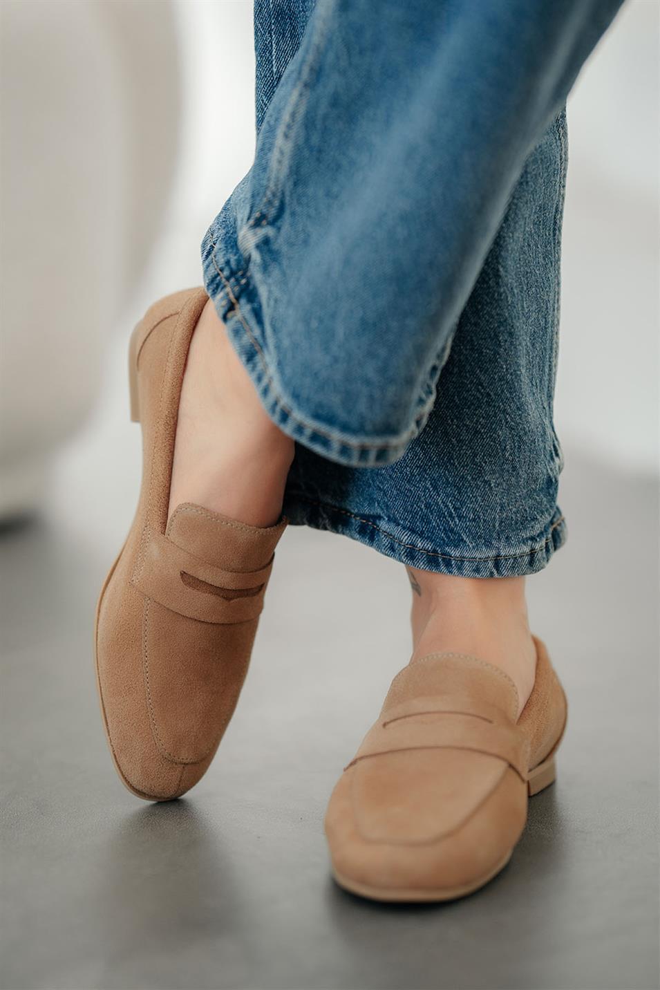 Gloria Kadın Hakiki Süet Deri Loafer Ayakkabı Camel