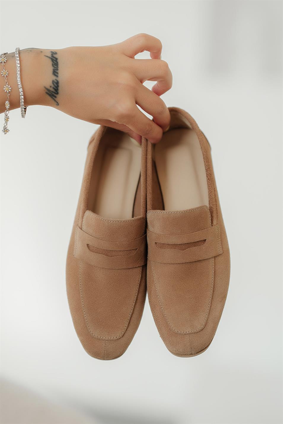 Gloria Kadın Hakiki Süet Deri Loafer Ayakkabı Camel