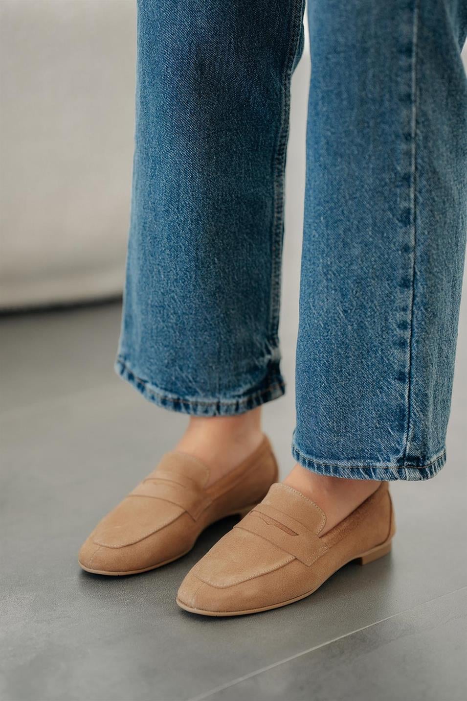 Gloria Kadın Hakiki Süet Deri Loafer Ayakkabı Camel
