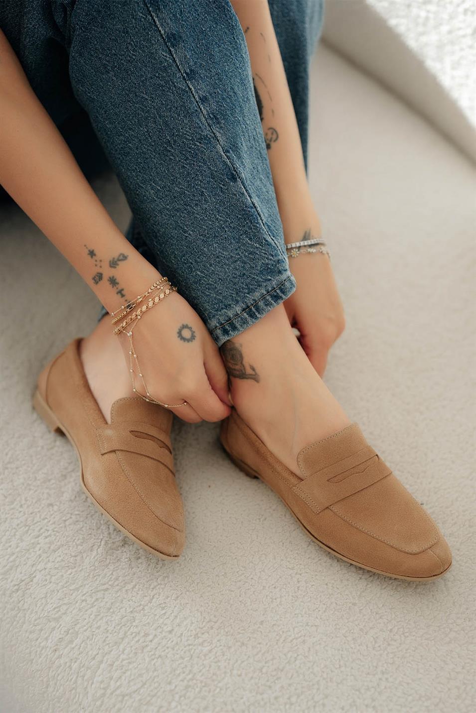 Gloria Kadın Hakiki Süet Deri Loafer Ayakkabı Camel