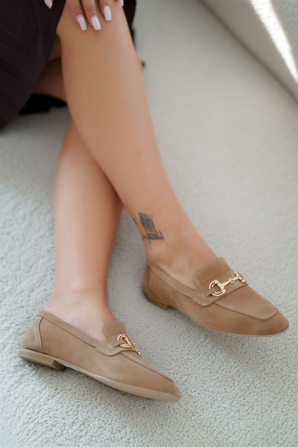 Harper Kadın Tokalı Hakiki Süet Loafer Ayakkabı Camel