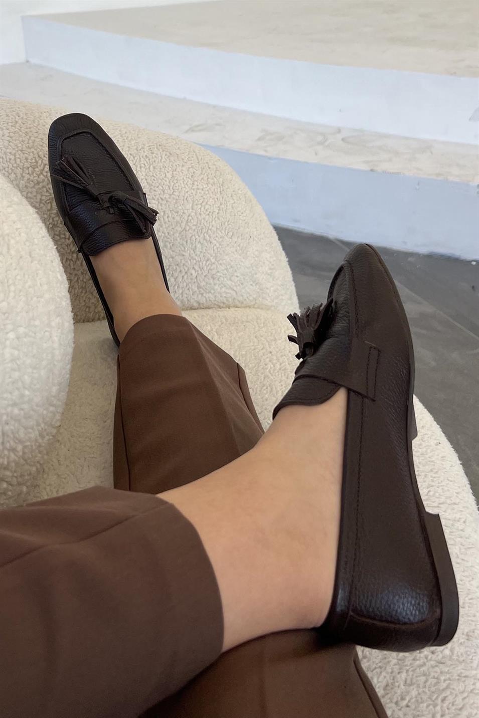 Holly Kadın Püsküllü Hakiki Deri Loafer Ayakkabı Kahverengi