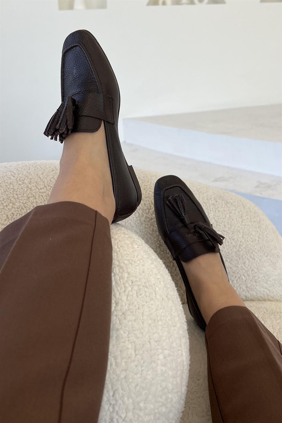 Holly Kadın Püsküllü Hakiki Deri Loafer Ayakkabı Kahverengi
