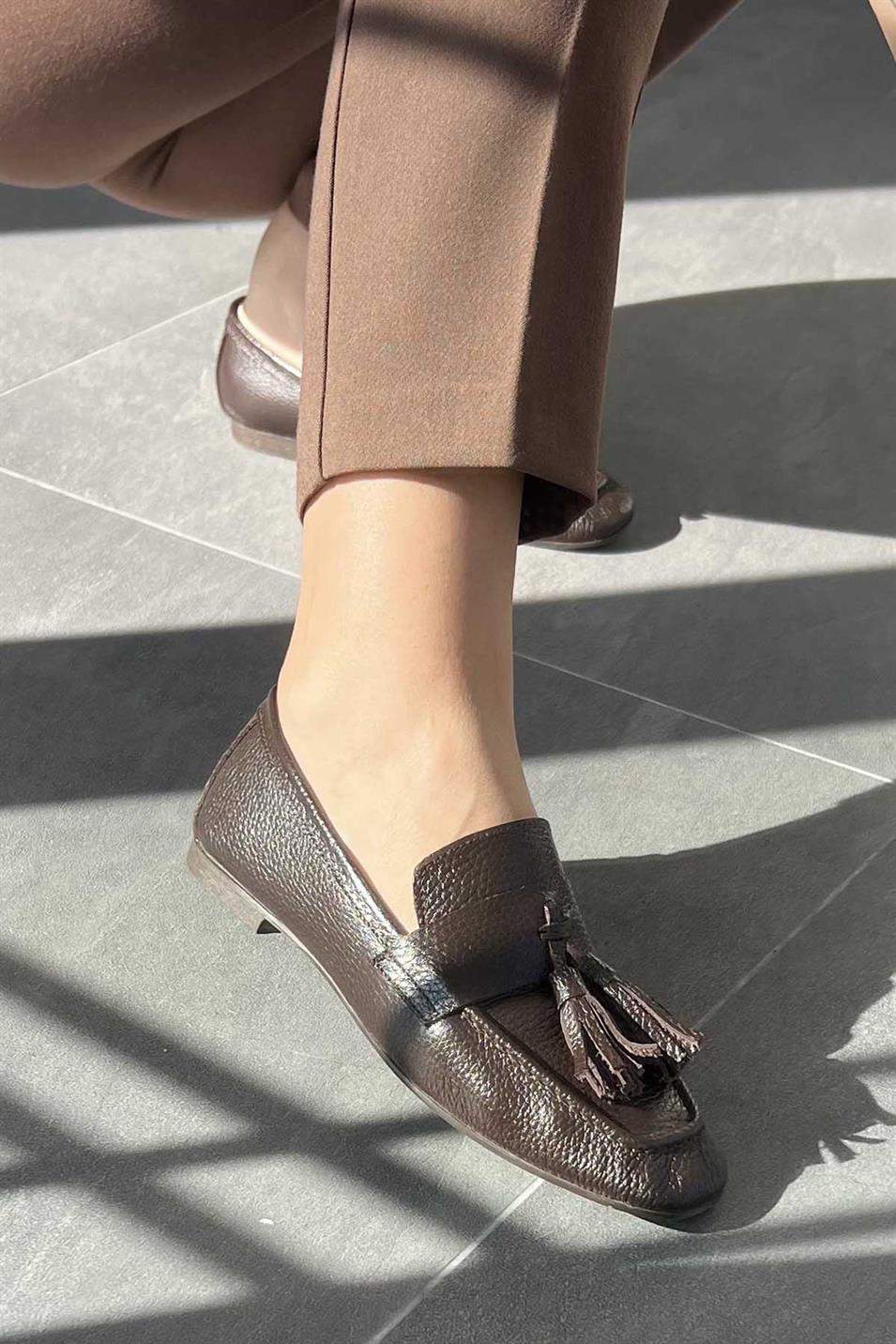 Holly Kadın Püsküllü Hakiki Deri Loafer Ayakkabı Kahverengi