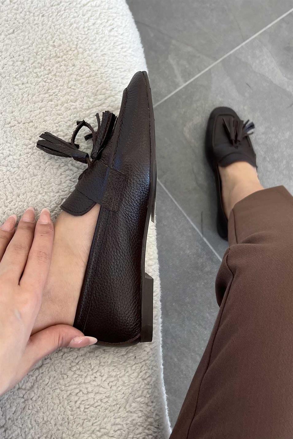 Holly Kadın Püsküllü Hakiki Deri Loafer Ayakkabı Kahverengi