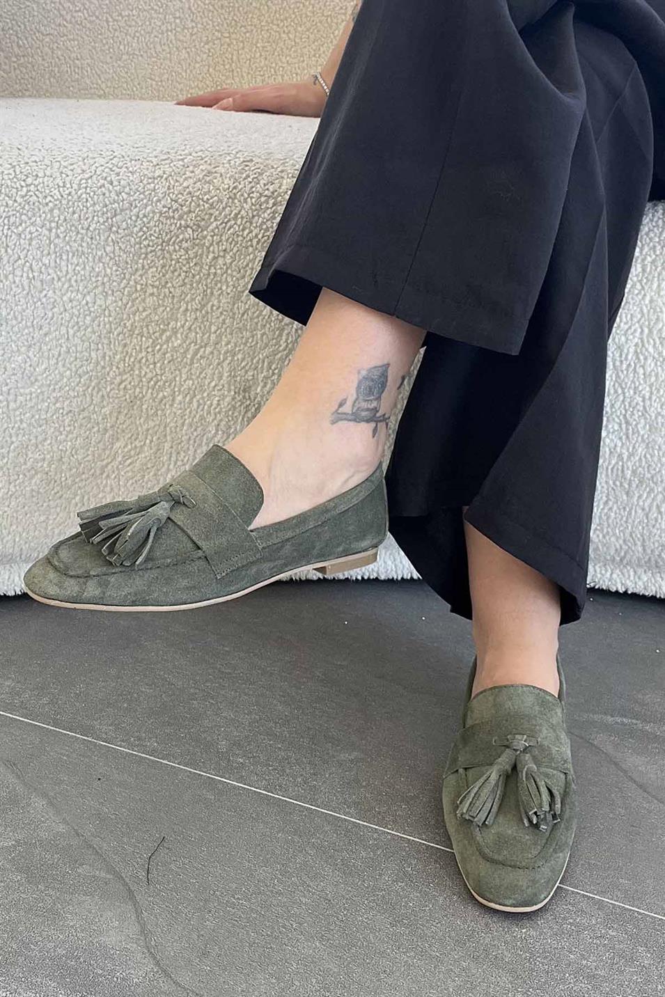 Holly Kadın Püsküllü Hakiki Süet Deri Loafer Ayakkabı Yeşil