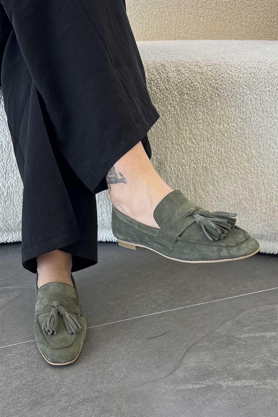 Holly Kadın Püsküllü Hakiki Süet Deri Loafer Ayakkabı Yeşil