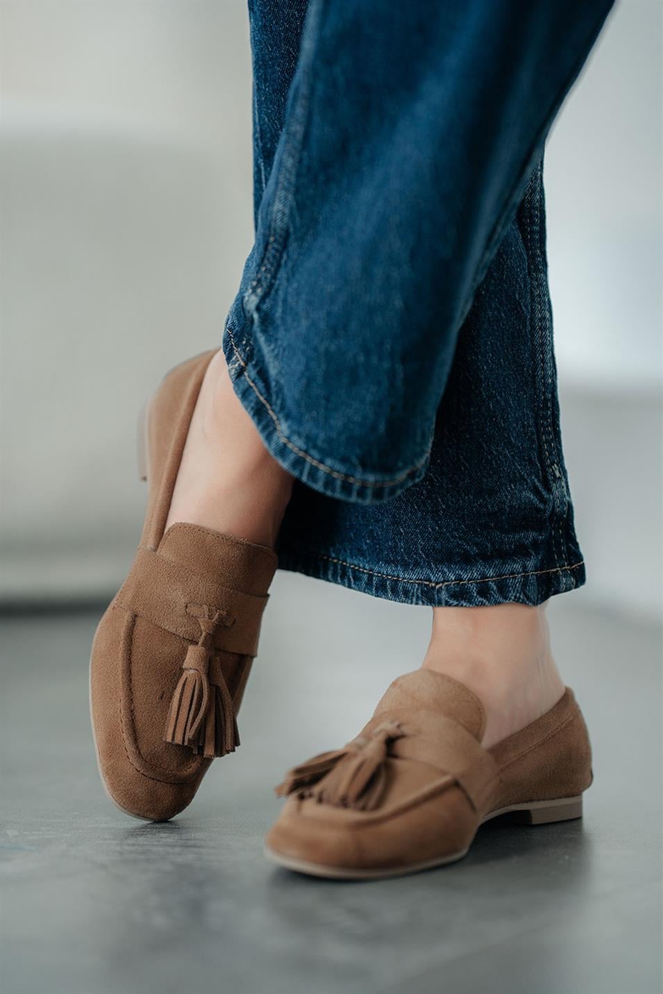 Holly Kadın Püsküllü Hakiki Süet Deri Loafer Ayakkabı Camel