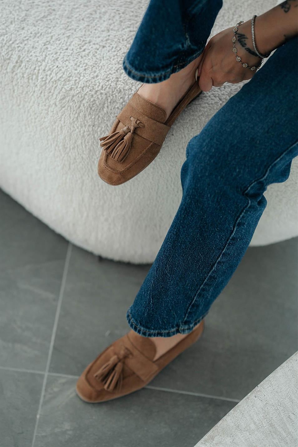 Holly Kadın Püsküllü Hakiki Süet Deri Loafer Ayakkabı Camel