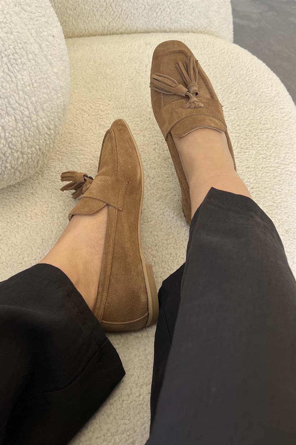 Holly Kadın Püsküllü Hakiki Süet Deri Loafer Ayakkabı Camel