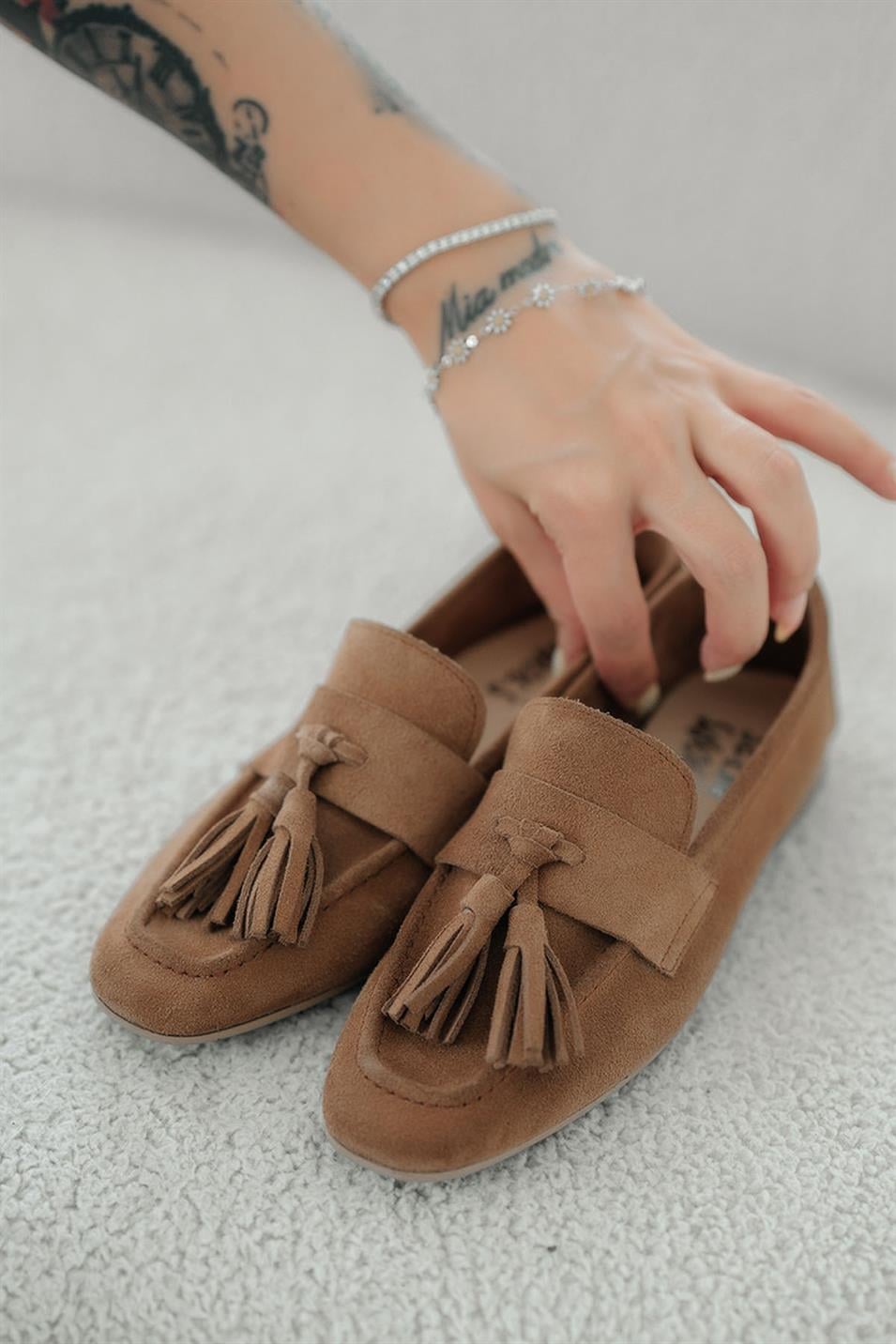 Holly Kadın Püsküllü Hakiki Süet Deri Loafer Ayakkabı Camel