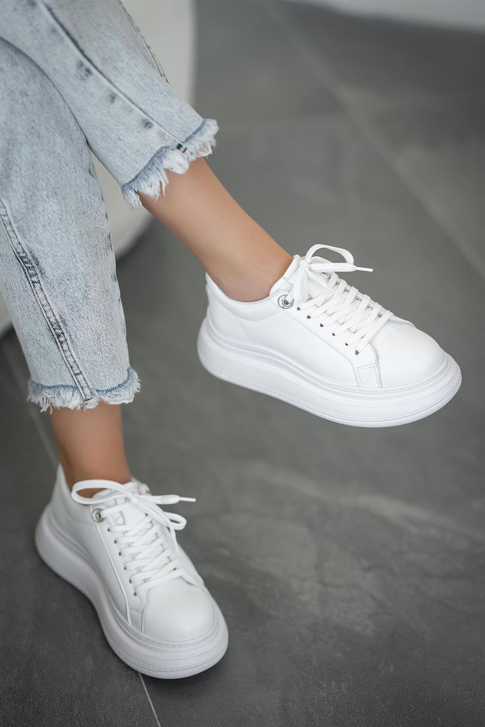 Kiev Kadın Kalın Tabanlı Deri Sneakers Beyaz