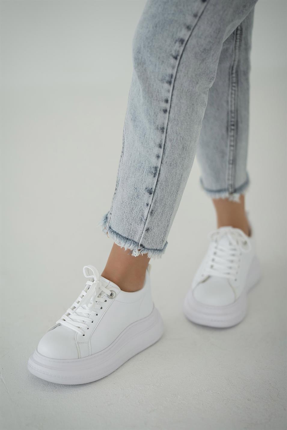 Kiev Kadın Kalın Tabanlı Deri Sneakers Beyaz