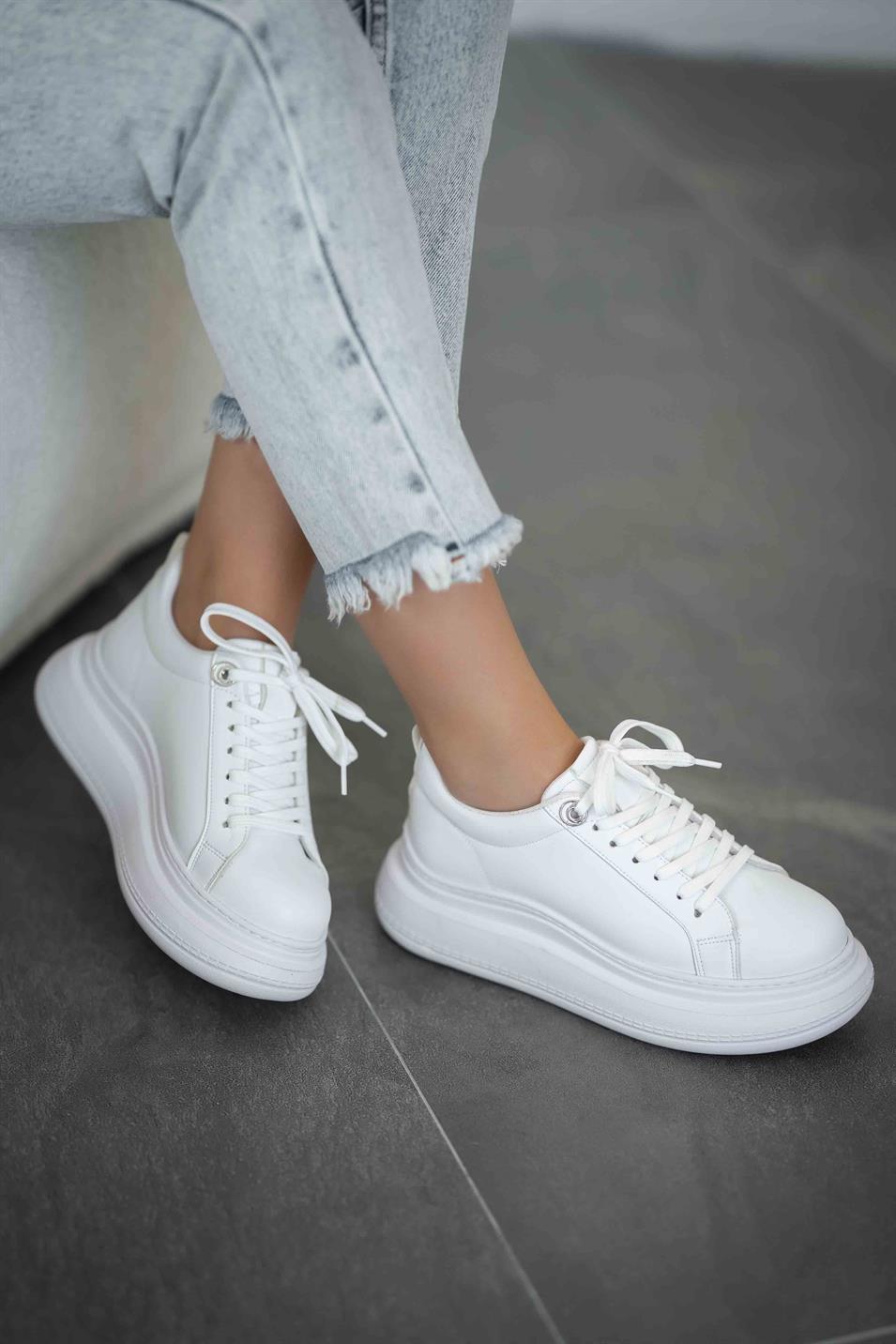 Kiev Kadın Kalın Tabanlı Deri Sneakers Beyaz