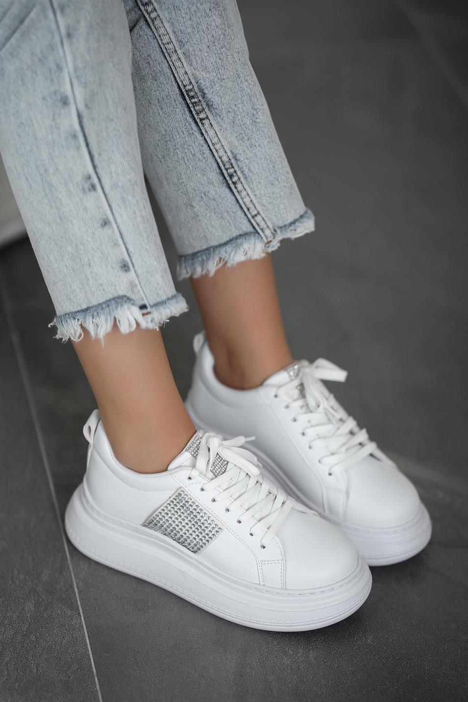 Lima Kadın Taşlı Deri Sneakers Beyaz