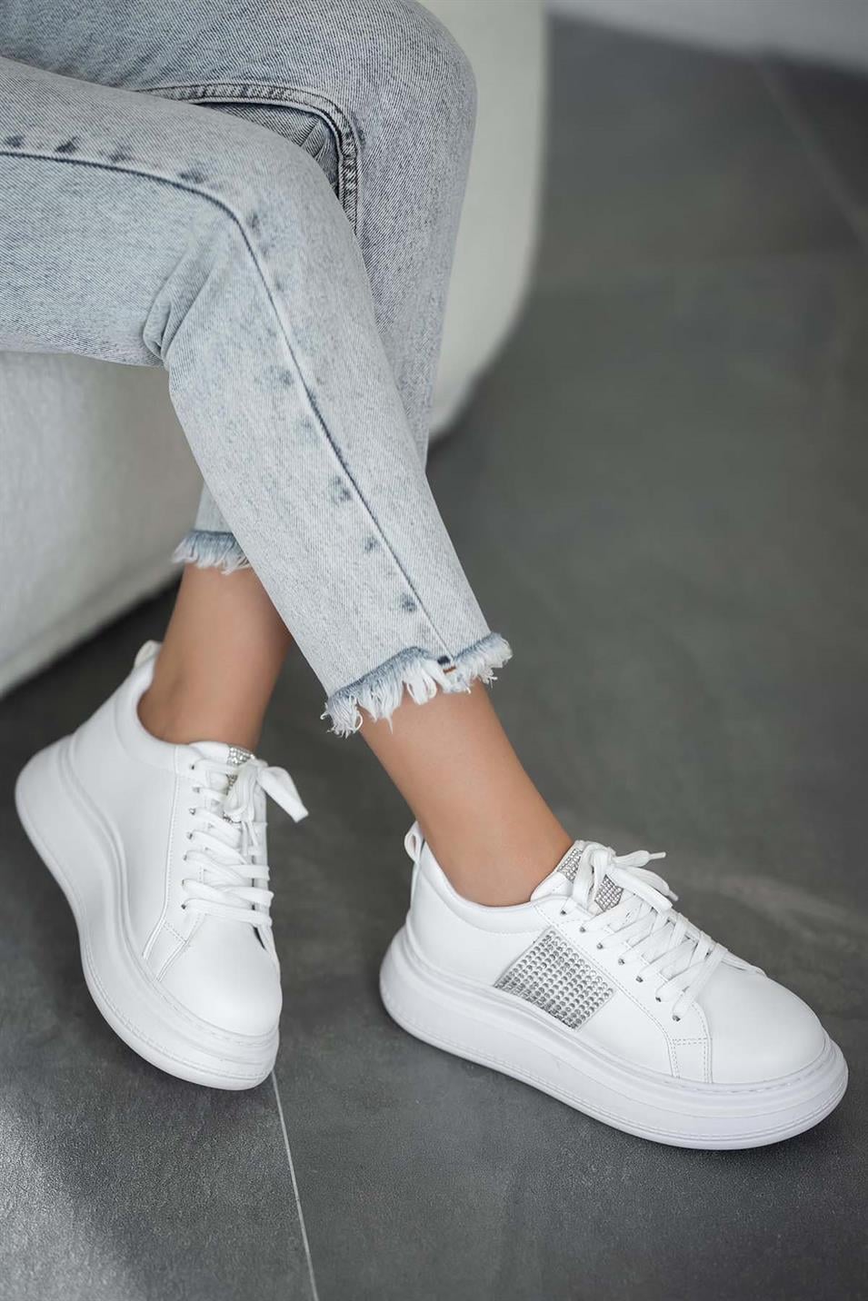 Lima Kadın Taşlı Deri Sneakers Beyaz