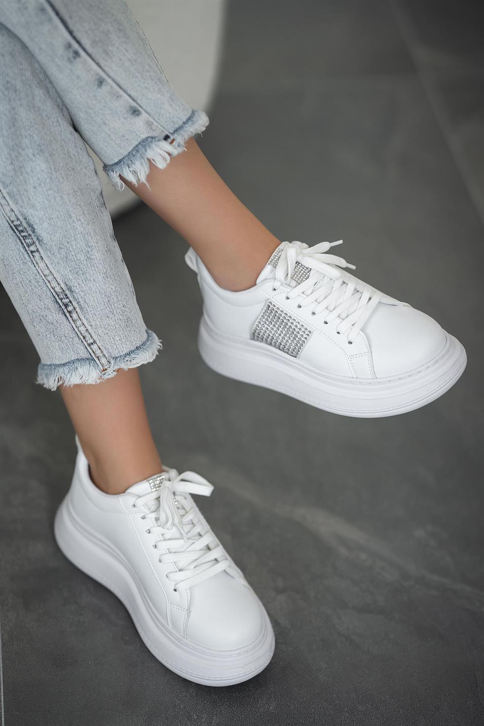 Lima Kadın Taşlı Deri Sneakers Beyaz