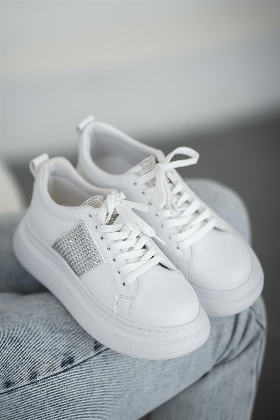 Lima Kadın Taşlı Deri Sneakers Beyaz