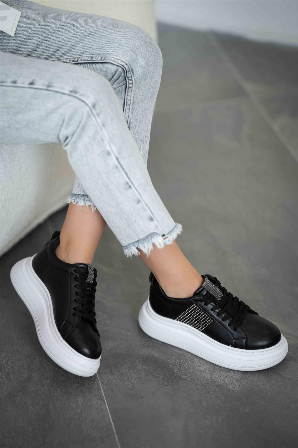 Lima Kadın Taşlı Deri Sneakers Siyah