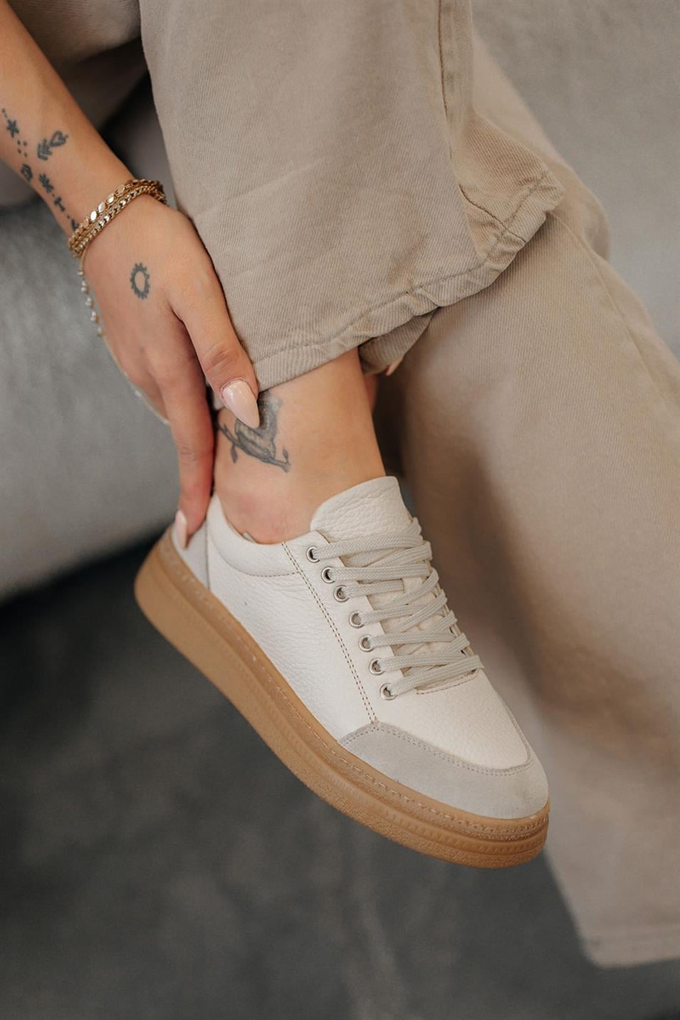 Monar Kadın Bağcıklı Hakiki Deri Sneakers Bej