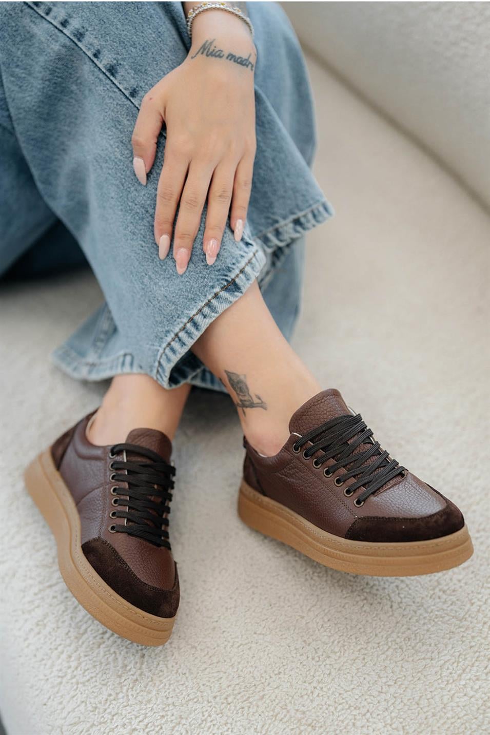 Monar Kadın Bağcıklı Hakiki Deri Sneakers Kahverengi