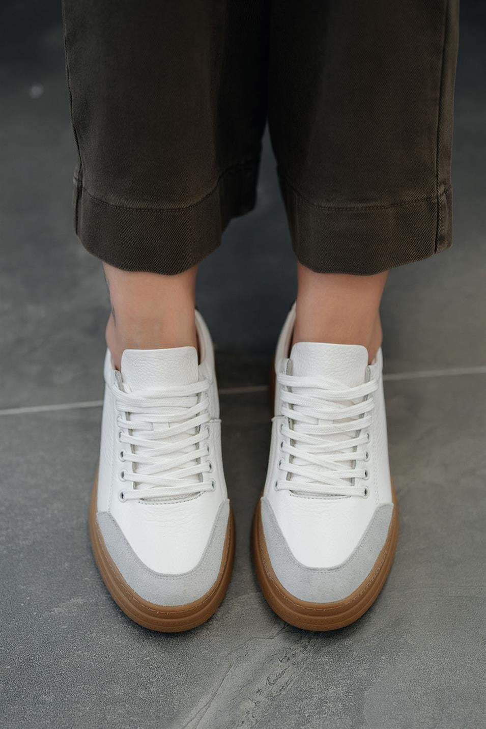 Monar Kadın Bağcıklı Hakiki Deri Sneakers Beyaz