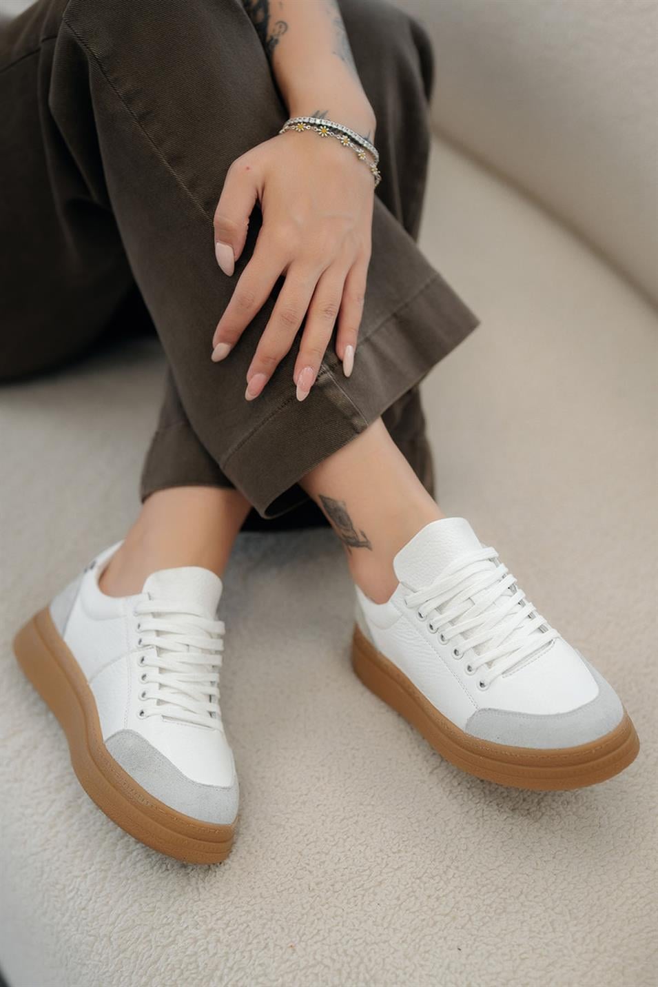 Monar Kadın Bağcıklı Hakiki Deri Sneakers Beyaz