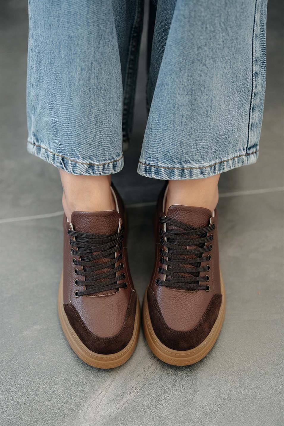 Monar Kadın Bağcıklı Hakiki Deri Sneakers Kahverengi