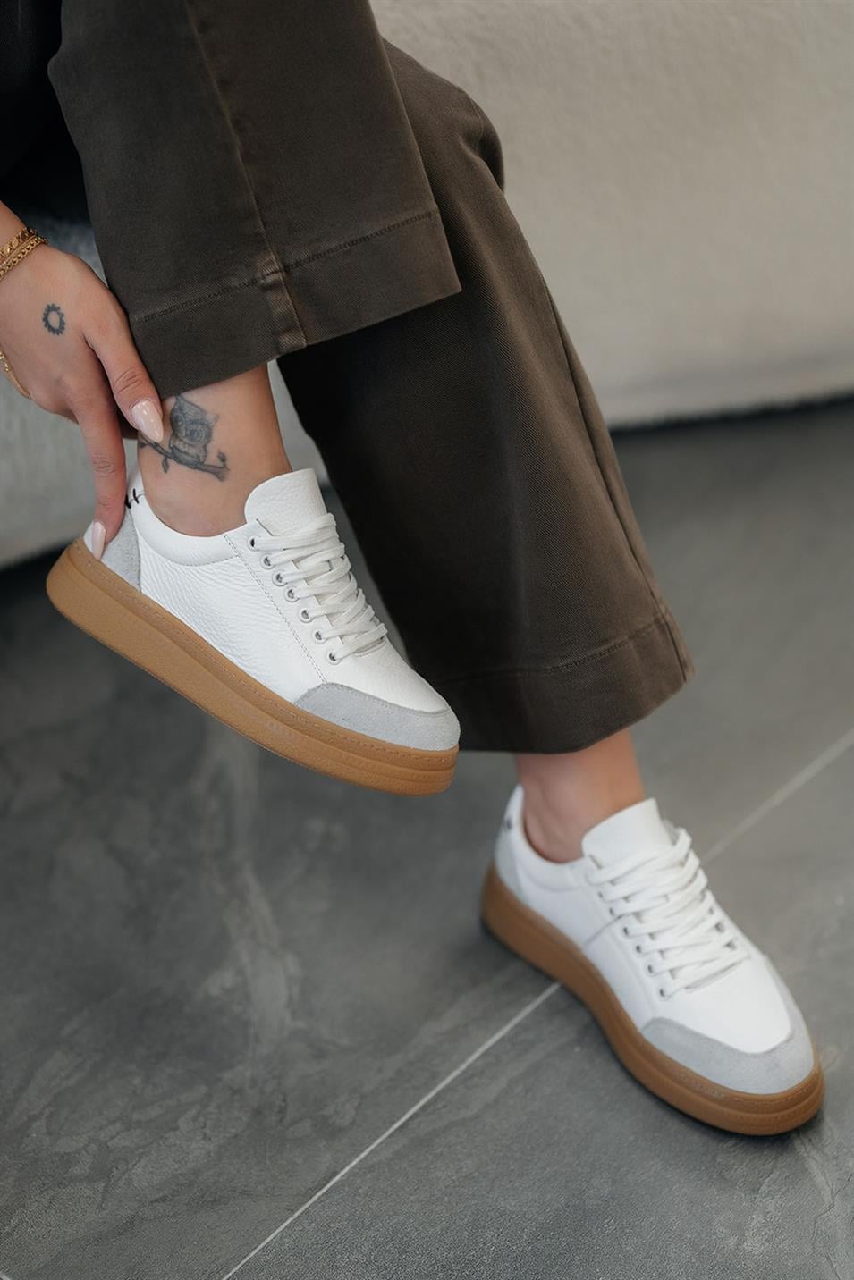 Monar Kadın Bağcıklı Hakiki Deri Sneakers Beyaz